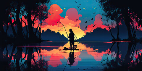 Obraz na płótnie Canvas Fishing landscape panoramic sunset fish catching hobby leisure, generated ai