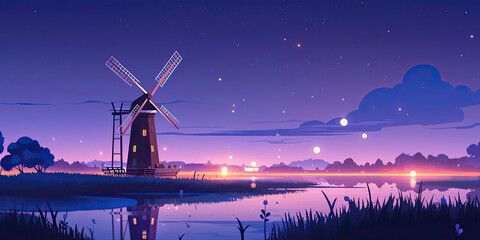 Anime style windmill at night time cartoon windmills landscape wind energy, generated ai