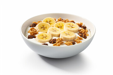 a bowl of cereal with bananas and raisins