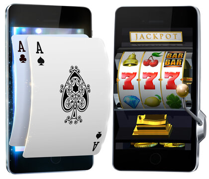Smartphone screens in portrait mode, each displaying various casino game elements. 3D rendered illustration.