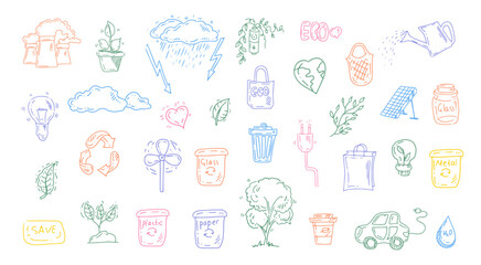 Set of ecology. Hand drawn design vector illustration. Ecology problem, recycling and green energy icons in doodle style.