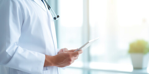 Naklejka premium Doctor using digital tablet. Quality modern healthcare concept. Generative AI