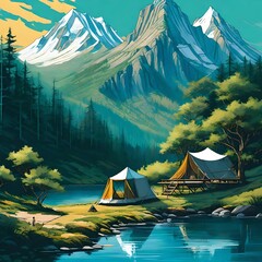 an oil painting style image of camping with a tent near a mountain in the summer season