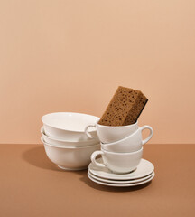 Set of clean dinnerware. Elegant clean dinnerware on table. Copy space for text.