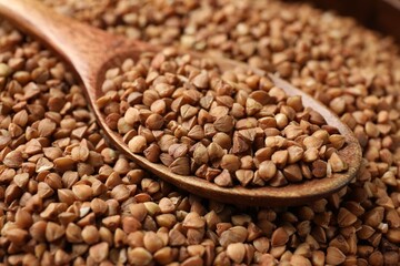 Wooden spoon on dry buckwheat grains, closeup