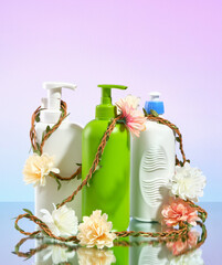 Composition of dish detergent and cleaner. Flowers and cleanliness, freshness.