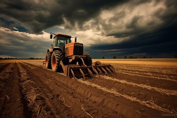 A tractor pulling a harrow in a field with cloudy sky. Generative AI - obrazy, fototapety, plakaty