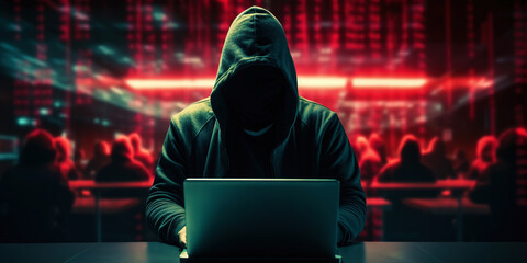 Cybernetic Enigma: Silhouetted Technomancer. Hacker with data flow behind in a dark room. Generative AI