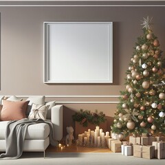 Photorealistic view of wall background with adorned charismas tree in modern home charismas, frame for photograph 