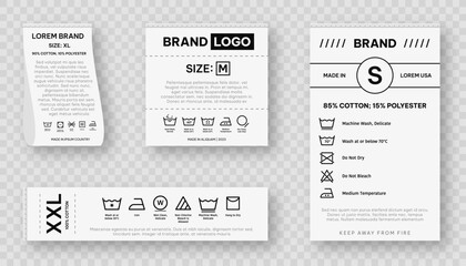 Laundry label collection with care symbols and washing instructions. Laundry care tags with washing, drying, bleaching, ironing and cleaning information. Vector - obrazy, fototapety, plakaty
