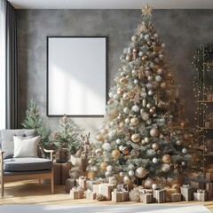 Photorealistic view of wall background with adorned charismas tree in modern home charismas, frame for photograph 
