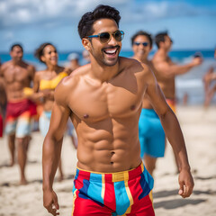Tanned Man Smiling in the Beach for Having Fun Wearing a Colourful Shorts