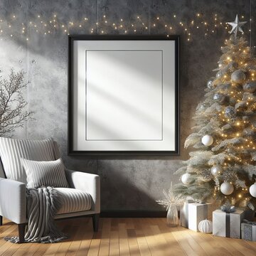 Photorealistic view of wall background with adorned charismas tree in modern home charismas, frame for photograph 