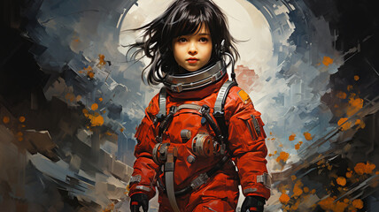 Child taikonaut in a space suit investigating a strange alien planet. - obrazy, fototapety, plakaty