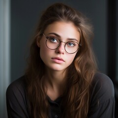 Fototapeta premium Portrait of a brown hair white girl with Sorrow expression wearing glasses against white background, AI generated, background image