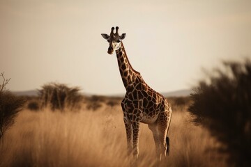 Dark-colored wild giraffe in the African savannah. Generative AI