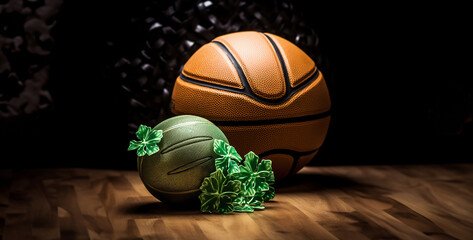 basket ball on a wooden background, Ritaro Basketball and a Shamrock