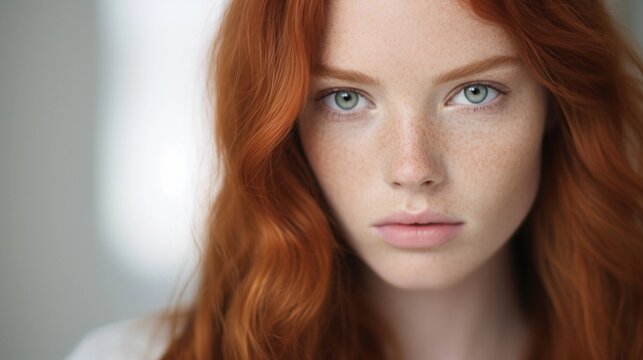 Portrait of a red hair white girl with Sorrow expression against white background, AI generated, background image