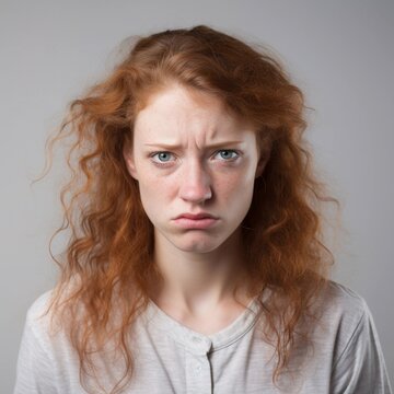 Portrait of a white female with frustrated expression against white background, AI generated, background image