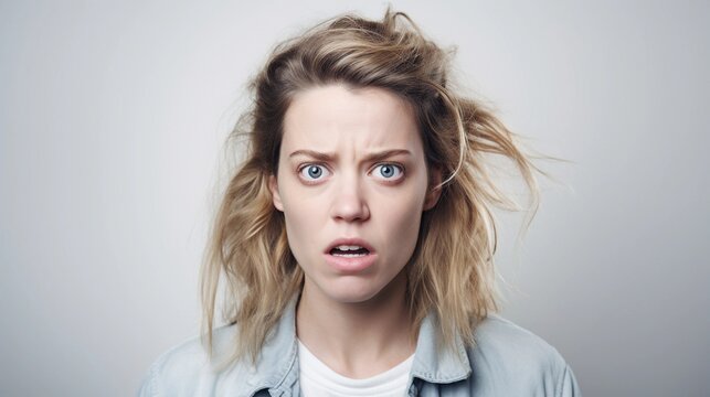 Portrait of a white female with frustrated expression against white background, AI generated, background image