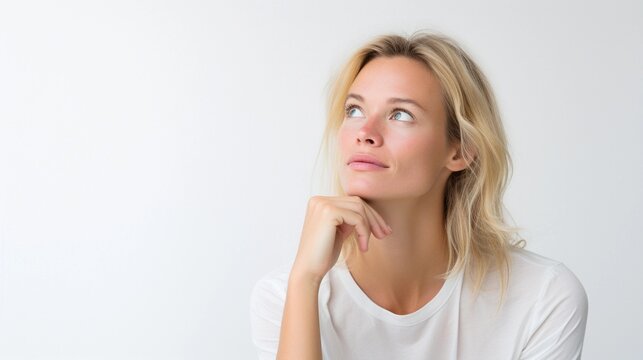 Portrait of a white female with thinking out loud expression against white background, AI generated, background image