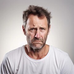 Obraz premium Portrait of a white male with frustrated expression against white background, AI generated, background image