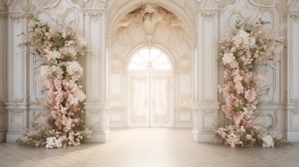 Fototapeta na wymiar High-Resolution 3D Rendering Stock Photo: Ornate White Room with Large Door Adorned with Flowers. Rococo Extravagance in Light Pink and Beige, Featuring Arched Doorways and Texture-Rich Ambiance. Dark