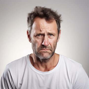 Portrait of a white male with frustrated expression against white background, AI generated, background image