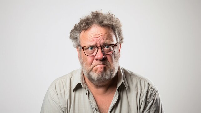 Portrait of a white male with frustrated expression against white background, AI generated, background image