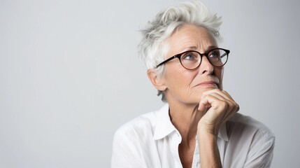 Portrait of a white old female with thinking out loud expression against white background, AI generated, background image - obrazy, fototapety, plakaty