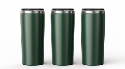Set of Blank Empty Green Metallic Tumbler Cup with Lid, Isolated on White Background. Water Bottle, Product Mock-up - Coffee or Tea Tumbler, Travel Cup, 3D Render, Packaging. Generative AI.