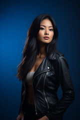 Fototapeta premium Beautiful fictional rocker girl portrait. Woman wearing leather jacket. Generative AI.