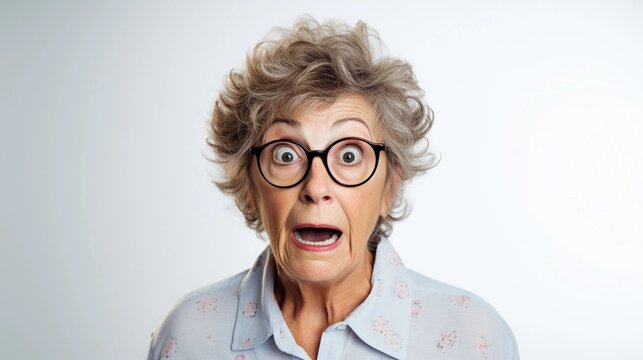 Portrait of an old white female wearing glasses with surprised expression against white background, AI generated, background image