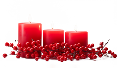 Christmas Burning Red Candles decorated with red berries, on transparent png. Ai generative.
