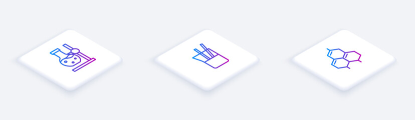 Set Isometric line Test tube flask on stand, Laboratory glassware and Chemical formula. White square button. Vector
