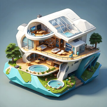 futuristic eco-friendly house with cutaway isometric low poly art 3d style