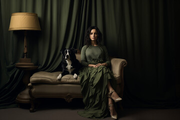 Beautiful fictional lady posing on a couch with her dog. Generative AI.