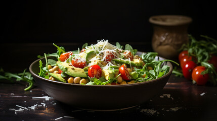 Healthy chickpeas salad with avocado arugula cherry