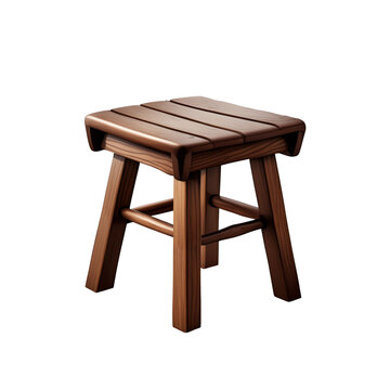 Pequeno taburete de madeira quadrado. Banquinho de madeira escura. Banquete de t&aacute;bua baixo, isolado, sem fundo png.