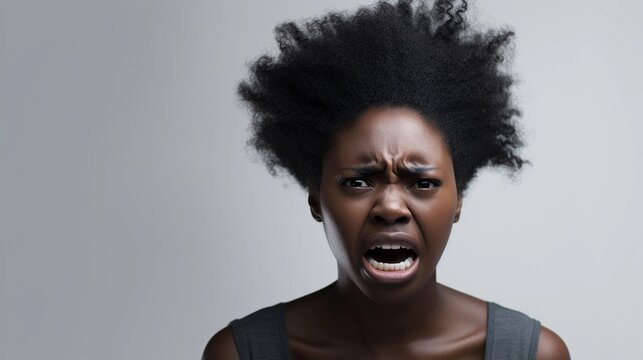 Portrait of a black female with frustrated expression against white background, AI generated, background image