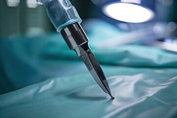 Close-up of a surgical scalpel in an operating room - obrazy, fototapety, plakaty