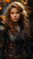 Strong female fantasy character. Woman in dark outdoor surroundings.