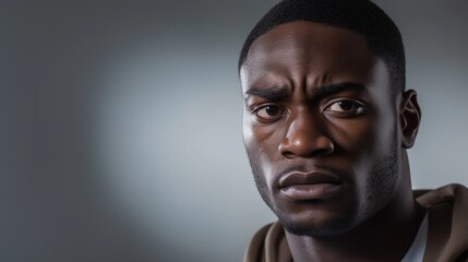 Portrait of a black male with very sad expression against white background, AI generated, background image
