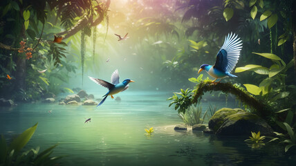 Fototapeta na wymiar Bird Flying over the River in a Jungle 