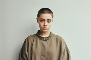 Fototapeta premium Portrait of a fictional young short haired model with large clothes posing on a neutral background. Buzzcut Hairstyle. Generative AI.