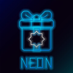 Glowing neon line Gift box icon isolated on black background. Holy month, Ramadan, Christmas present wrapped packages, birthday, valentine. Colorful outline concept. Vector