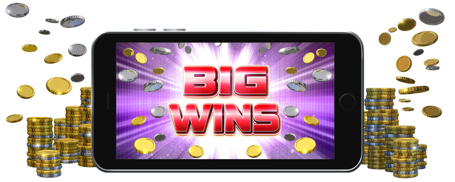 A smartphone screen in landscape mode displaying a poster advertising big wins. 3D rendered illustration.