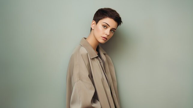 Portrait of a fictional young short haired model with large clothes posing on a neutral background. Generative AI.