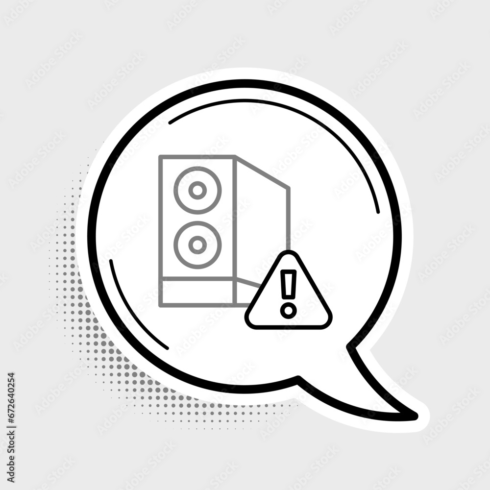 Poster line case of computer with exclamation mark icon isolated on grey background. computer server. works
