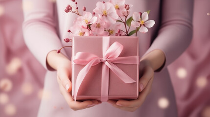 holding gift with ribbons on a pastel background. copy space. top view. flat lay. concept of mother's day, valentines day, eighth of march